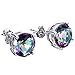 JunXin Three Color 925 Sterling Silver Round Cut Opal Stud Earring 7.5MM (Rainbow Cz)
