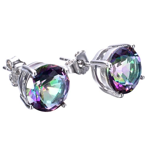 JunXin Three Color 925 Sterling Silver Round Cut Opal Stud Earring 7.5MM (Rainbow Cz)