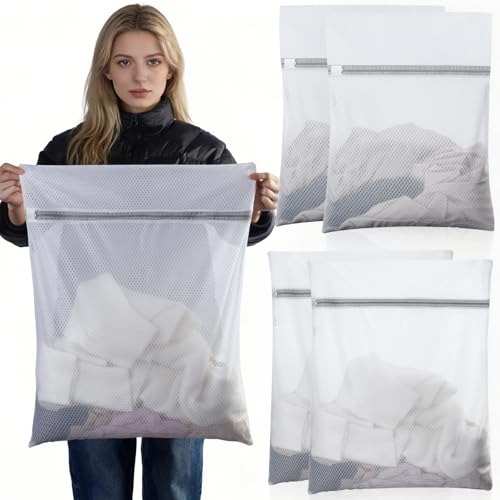 Rainberg Mesh Laundry Bags for Washing Machine, Large 60x50cm and Medium 50x40cm, Durable with Zip Reusable Clothes Washing Bags for Travel and Storage, White, 4 Pack (4 Pack (2L + 2M))