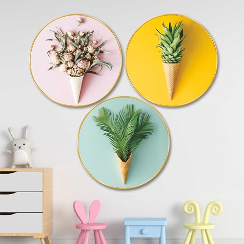 Image of SAF Livin'Luxe Premium Set Of 3 Round Botanical Ice Cream Cone Wall Art | Golden Frame MDF Wall Decor For Living Room, Kitchen, Cafe | Modern Floral & Fruit Theme Decorative Panels Painting 23 In