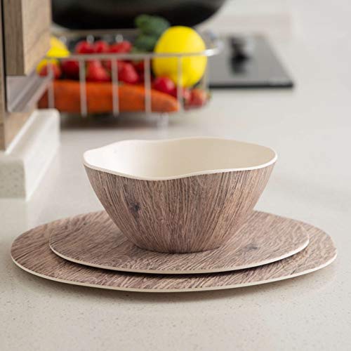 Melamine Dinnerware Set - 12pcs Melamine Plates and Bowls Set for Indoor Outdoor Use, Dishes Dinnerware Set Service for 4, Dishwasher Safe, Wood Grain