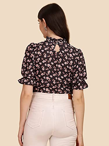 Image of Women's Casual Trendy Floral Top with Stylish Short Puffed Sleeves Western Ruffled Collar