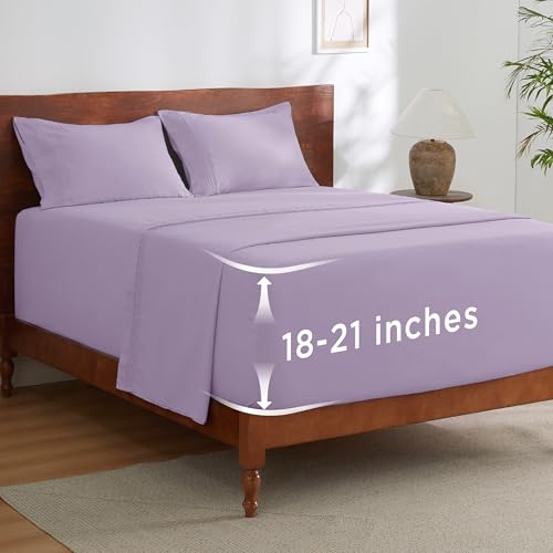 Image of Bedsure Deep Pocket King Sheet Set - Fits Mattresses Up to 21 Inches Thick - 4 Piece GentleSoft Bed Sheets, Moisture Wicking, Soft & Cooling Bedsheet & Pillowcases, Easy & Secure Fit, Light Purple