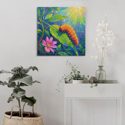 Chenille sur feuille verte tableau carré 50x50 CMHONLY - 4