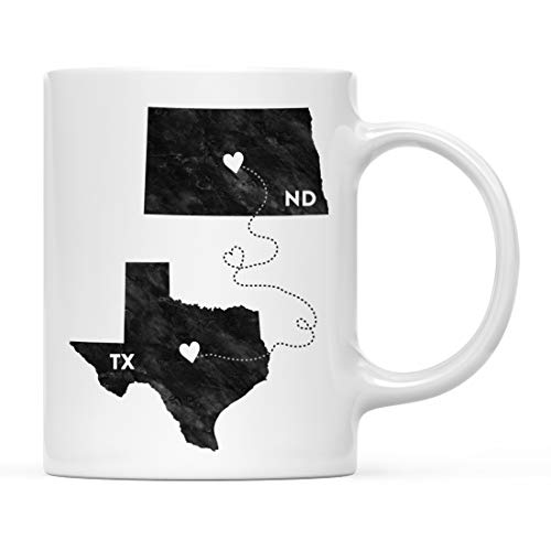 Andaz Press 11oz. Coffee Mug Long Distance Gift, Texas and North Dakota, Black and White Modern, 1-Pack, Moving Away Graduation University College Gifts for Him Her Relationships