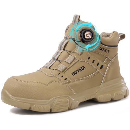 GUSAYEX Steel Toe Cap Boots Mens Lightweight Safety Boots with Puncture Resistant Midsole and Swivel Buckle Quick-Lace Work Boots for Construction Warehouse and Industrial Use Khaki