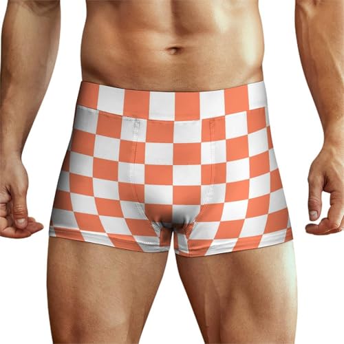White Orange Checkerboard Print Mens Underwear, Soft Boxers for Men, Moisture-Wicking Breathable Boxer Briefs