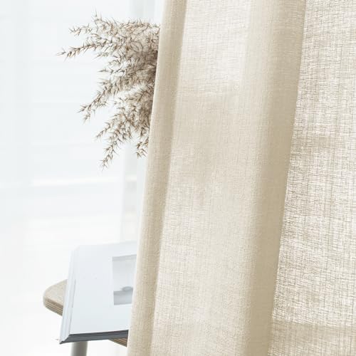 Image of Melodieux Beige Semi Sheer Curtains 96 Inches Long for Living Room, Bedroom Faux Linen Texture Farmhouse Rod Pocket Shiny Sheer Curtains Drapes Light Filtering, 52 inch W x 96 inch L, 2 Panels