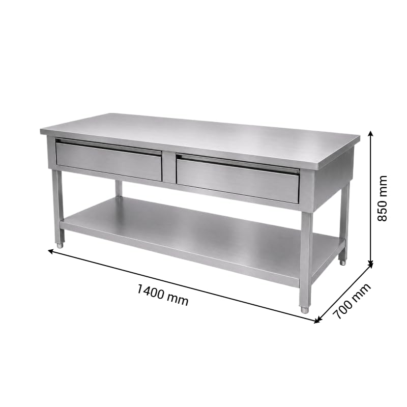 Générique Table de Travail INOX avec 2 Tiroirs et Étagère, 140x70x85 cm