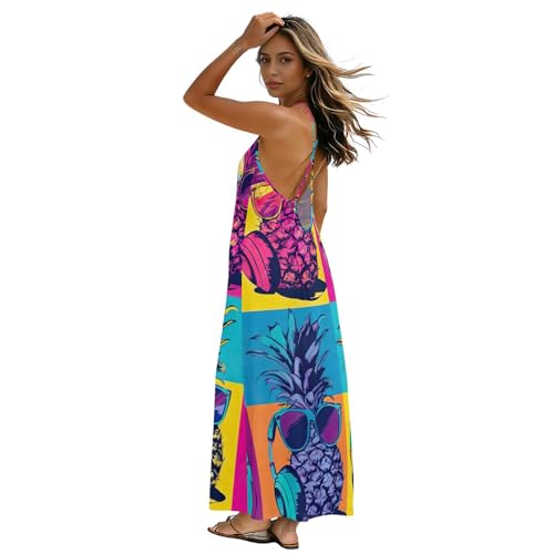 Robe longue à bretelles spaghetti dos nu motif ananas