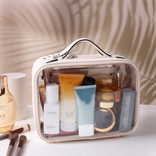 SANHECUN traveling toiletry Case large clear cosmetics case makeup bag Dimensions | LxWxH:10” x 4.5” x 7.5”(Beige, Medium)4