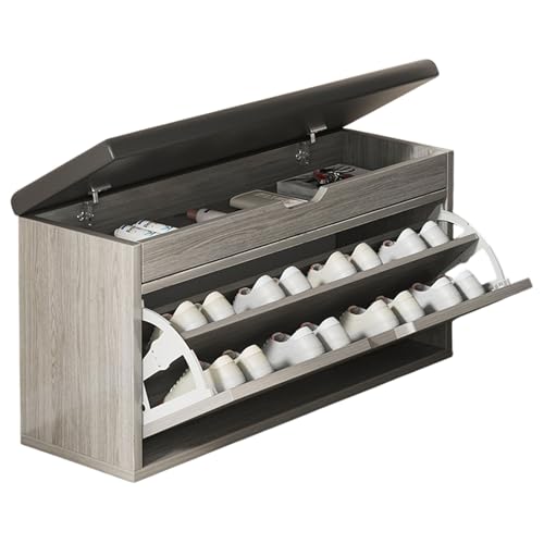 Vttui Banco Zapatero de Madera – Bancos de Recibidor con Asiento – Organizador de Zapatos con Estantes Ajustables – Zapatero con Cajones Abatibles – para Salón, Pasillo, Dormitorio y Baño(Color:Grey)