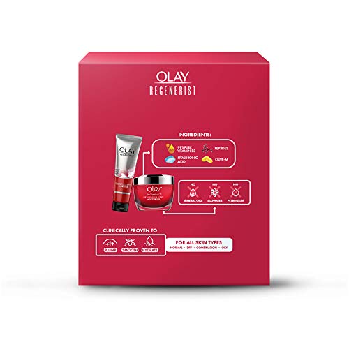 Olay Regenerist Giftpack - Day Cream 50g + Cleanser 100g | Hydrated, Plump, Bouncy Skin | With Hyaluronic Acid, Niacinamide and Peptides | Normal, Oily, Dry, Combination Skin | Pack of 2