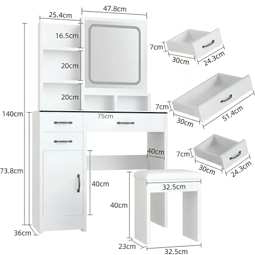 幅75cm コンパクトドレッサー 椅子付き LEDライト付き鏡台 3色調光 大容量収納 3引出し 大型収納キャビネット 省スペース 狭い部屋に最適 化粧台 ドレッサー 寝室用 組立簡単 [2]