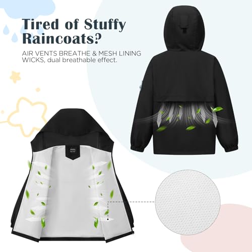 Kids Rain Jacket with Air Vents Mesh Lined, Hooded Raincoats with Extended Brim for Boys Girls2