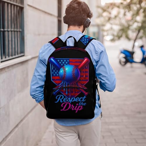 Baseball Respect The Drip American Flag Game Day Backpack Large Capacity Leisure Travel Backpack Outgoing Daypack 17.3X12.5X7.5 Inch4