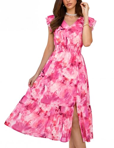 Image of GRACE KARIN 2026 Womens Summer Dresses V Neck Ruffle Sleeve Floral Boho Beach Dress A-Line Swing Midi Wedding Guest Sundress