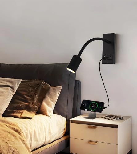 Image of LED Wall Mounted Gooseneck Reading Light with USB Port Adjustable Lamp with 3-Lighting Options for Bedroom & Study|Black
