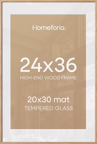 Image of Homeforia 24x36 Poster Frame Wood, High End Natural Oak 24 x 36 Large Picture Frame with Mat 20 by 30, 24x36 Light Wooden Frames Matted to 20x30 Photo, 36x24 Frames, Tempered Glass, Wall Kit, Set of 1