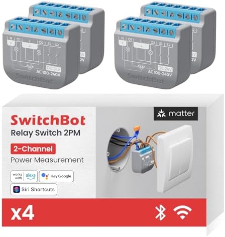 SwitchBot Wlan Schalter 2PM kompatibel mit Alexa/Apple Home/Google Home, Leistungsmessendes Relaisschaltmodul mit integriertem Bluetooth Repeater und Trockenkontakt, Wi-Fi 2,4GHz(S
