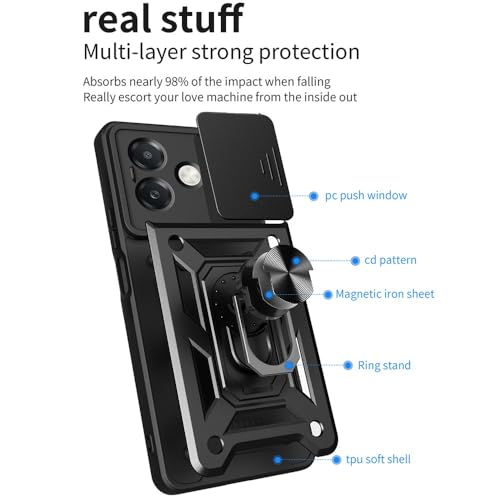 Image of Heavy Duty Back Case Cover for Oppo A3X 5G, Shockproof Oppo A3X Back Cover, Ring Case with Kickstand and Camera Protection Shutter - Black