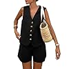 PRETTYGARDEN Women’s Summer 2 Piece Outfits Sleeveless Matching Sets Button Down V Neck Vest Waistcoat and Pockets Shorts