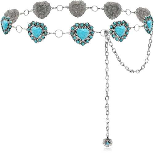 Image of Turquoise Chain Belt for Women, Western Cowgirl Concho Belt | Turquoise Concho Accents with Silver Chains for Western, Cowgirl, Rodeo, Festival and Denim Looks