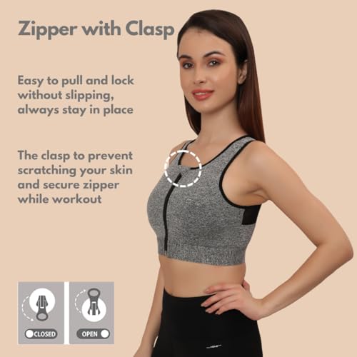 Image of GLAMORAS Women's Wirefree Full Coverage Sports Bra Medium Impact Mesh Racerback Design with Front Zip, Removable Pads Ideal for Gym, Yoga, Fitness Workouts