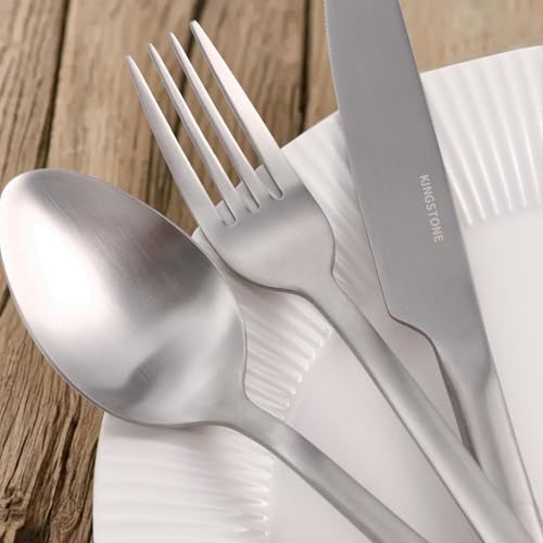 Image of KINGSTONE 30 Pieces Silverware Set, Flatware Cutlery Set for 6, 18 /10 Stainless Steel Silverware Utensils Minimalist Design Dishwasher Safe, Matte Silver
