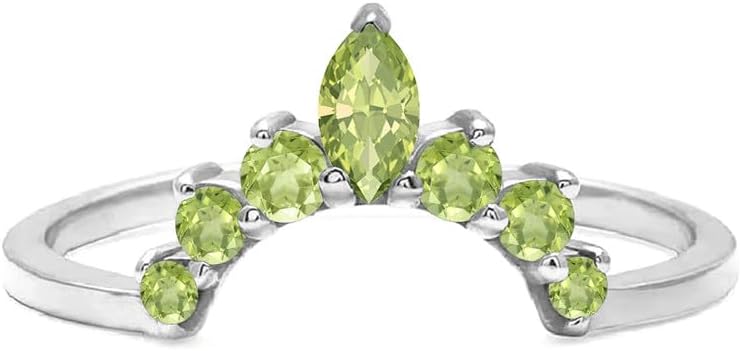 Marquise & Round Cut Alternate Green Peridot Contour Crown Ring For Women, 14K Gold Plated 925 Silver August Birthstone Green Peridot Crown Chevron Wrap Matching Wedding Band
