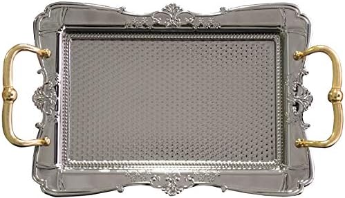 BAYKUL Turkish Ottoman Coffee Tea Beverage Silver Vintage Serving Square Tray, Luxury Metal Chrom Moroccan Decorative Breakfast Dinner Table, Ottoman Trays Extra Large (Silver)