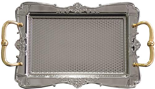 Baykul Turkish Ottoman Coffee Tea Beverage Silver Vintage Serving Square Tray, Luxury Metal Chrom Moroccan Decorative Breakfast Dinner Table, Ottoman Trays Extra Large (Silver) #TOP20