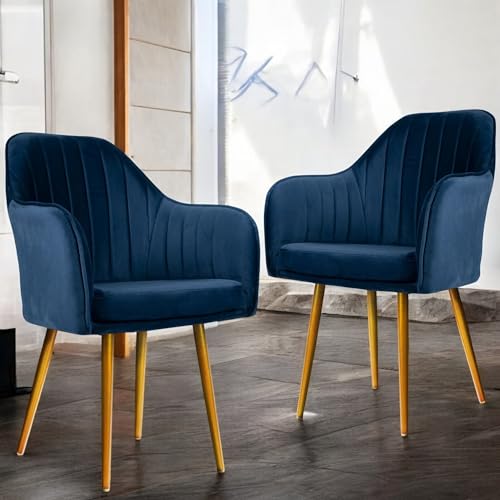Image of Set of 2 Accent Chair for Living Room | Modern Armchair in Soft Velvet Fabric with Sturdy Legs | Premium Chair for Home Living Room Bedroom Restaurent | (Gold Legs, Blue)