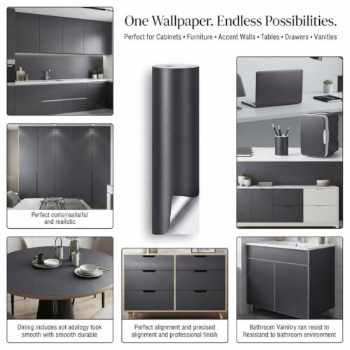 Image of HOME13 Matte Wallpaper Peel and Stick Charcoal Black Contact Paper Self Adhesive Wall Paper Decorative Removable Waterproof Vinyl Wall Sticker for Kitchen Cabinets Shelves Drawers(20x150 Inch)