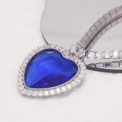 925 Sterling Silver Titanic Heart of the Ocean Necklace, 1.38" Large Blue Heart Pendant with 5A Cubic Zirconia, Dazzling Full Zircon Tennis Chain, Romantic Jewelry Gift for Women3