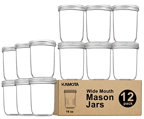 KAMOTA Wide Mouth Mason Jars 16 oz With Regular Lids and Bands, Ideal for Jam, Honey, Wedding...
