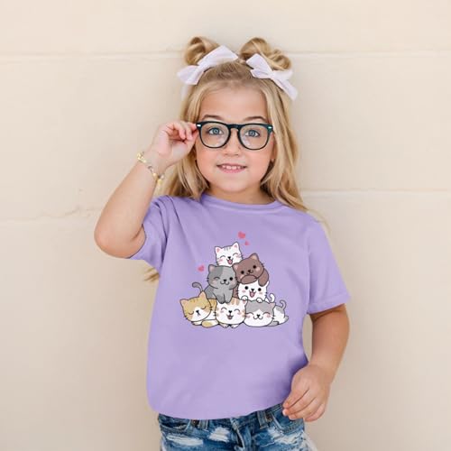 Image of KEEVICI Cute Cartoon Cat Shirts for Girls Kids Graphic Tees Kawaii Animal Pattern T Shirt Cotton Crewneck Summer Loose Tops