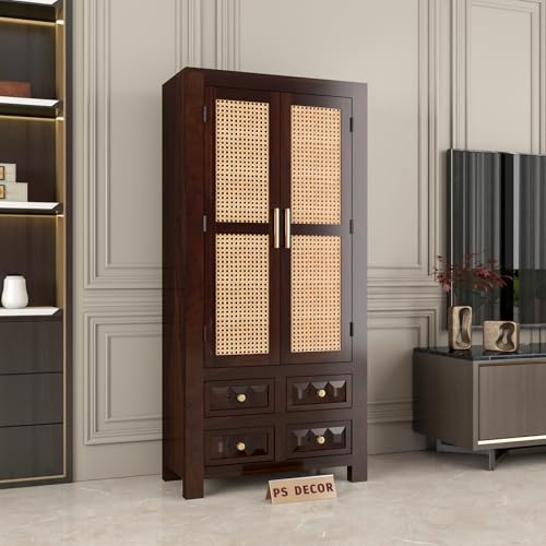 Image of PS DECOR Solid Sheesham Wood Book Shelf Cabinet with Cane Rattan Doors & 4 Drawers | Modern Wooden Bookshelf Storage Unit for Home Library, Living Room & Office (Walnut Finish)