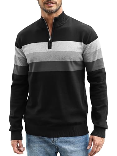 Superora Hombre Jersey a Rayas de 100% Algodón Invierno Pullover Manga Larga Suéter Cuello Alto con Cremallera 1/4 Zip