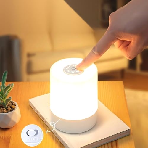 Image of One94Store Touch Control LED Table Lamp - USB Rechargeable, Touch Control Night Light with 3-Color Dimmable Brightness for Bedroom, Living Room & Study (White, Pack of 1)