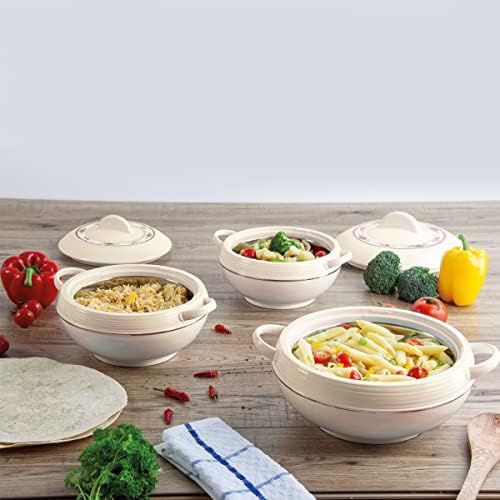 SQ Professional Insulated Serving Dishes with Lids - 3pc Ambiente Thermal Hot Food Containers Set 6, 8 and 10Litres, Cream