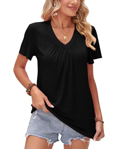 Rayson Camiseta Mujer Cuello en V Verano Camiseta de Poliéster Manga Corta Color sólido Casual Plisado Blusa Verano Básico Tops S-XL(Negro,S)