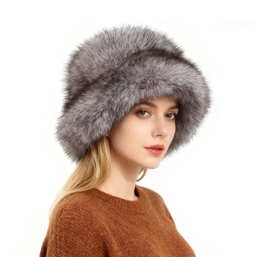 Women's Faux Fur Fashion Hat for Winter, Fluffy Bucket Fuzzy hat, Fisherman Cap Solid Color Style (US, Alpha, Medium, Large, Blue-Gray)