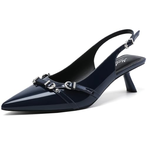 Mostrin Kitten Heels for Women Pointed Toe Pumps Patent Leather Low Heel Slingback Heels with Buckle Dress Shoes for Dating Party Working