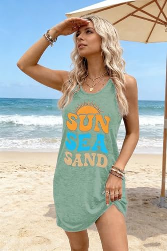Image of Summer Tank Dress for Women Sunset Palm Tree Beach Vacation Cover Up