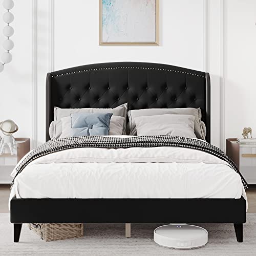 Homhougo Queen Size Bed Frame, Upholstered Platform Bed With Wingback Headboard, Heavy Duty Button Tufted Bed Frame With Wood Slat Support, Easy Assembly, No Box Spring Needed, Black #TOP21