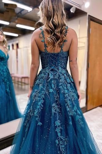 Pairuodas Tulle Lace Appliques Prom Dresses Long Spaghetti Straps A-Line Ball Gown V Neck Formal Evening Party Dress, Teal, 16 Plus - 1