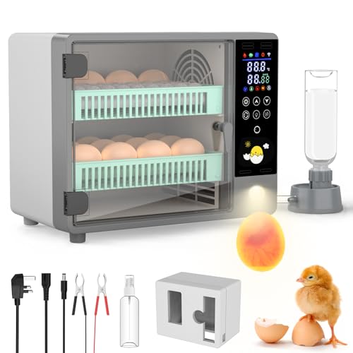 Egg Incubators for Hatching 24 Eggs Dual Power Automatic Incubator with Auto Turning PID Temp Control Ultrasonic Humidifier Colour Touch Display & Candler for Farm Chicken Duck Quail