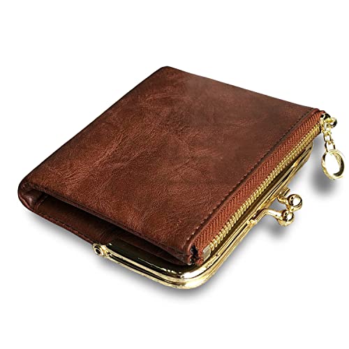 Womens Wallet Small Bifold Rfid Ladies Mini Vintage Coin Purse With Zipper and Kiss Lock (Brown)