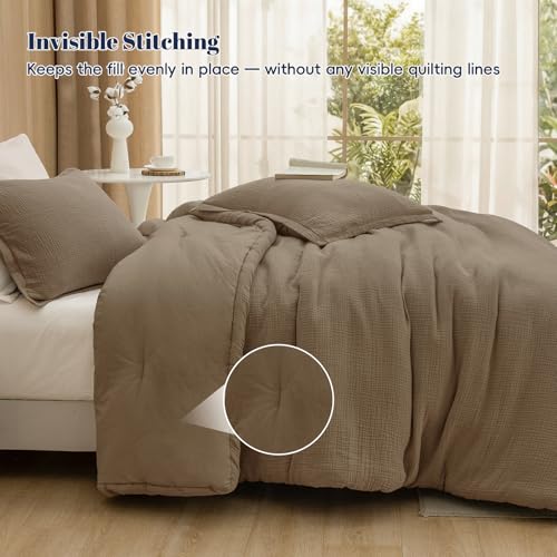 Image of PHF Cotton Muslin Comforter Set King - 100% Cotton Cover, Ultra Soft & Breathable, 3PCS Lightweight All-Season Bedding with Polyester Fill, 1 Comforter 104 inchx90 inch & 2 Pillow Shams 20 inchx36 inch, Mocha